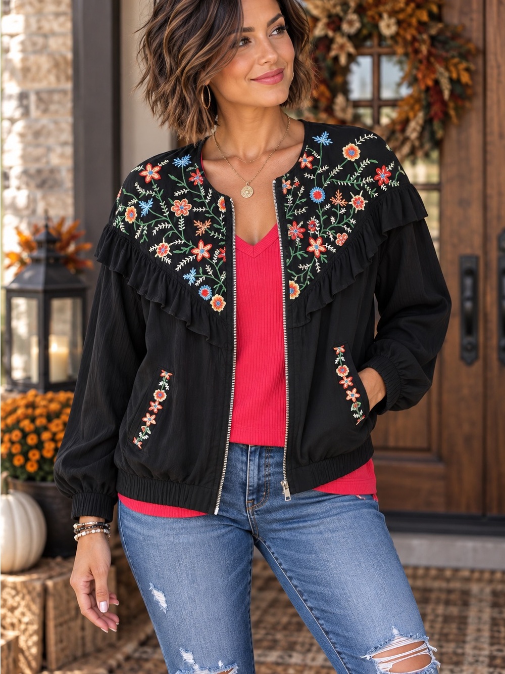 209 Umgee Embroidered Black Ruffled Zip-Front Jacket